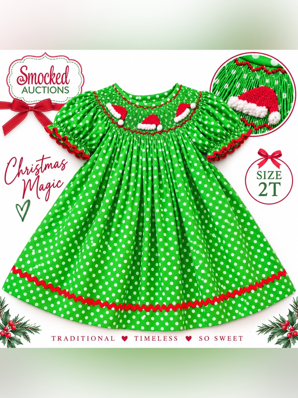 Smocked Auctions Girls 2T Santa Christmas Smocked Polka Dot Holiday Dress